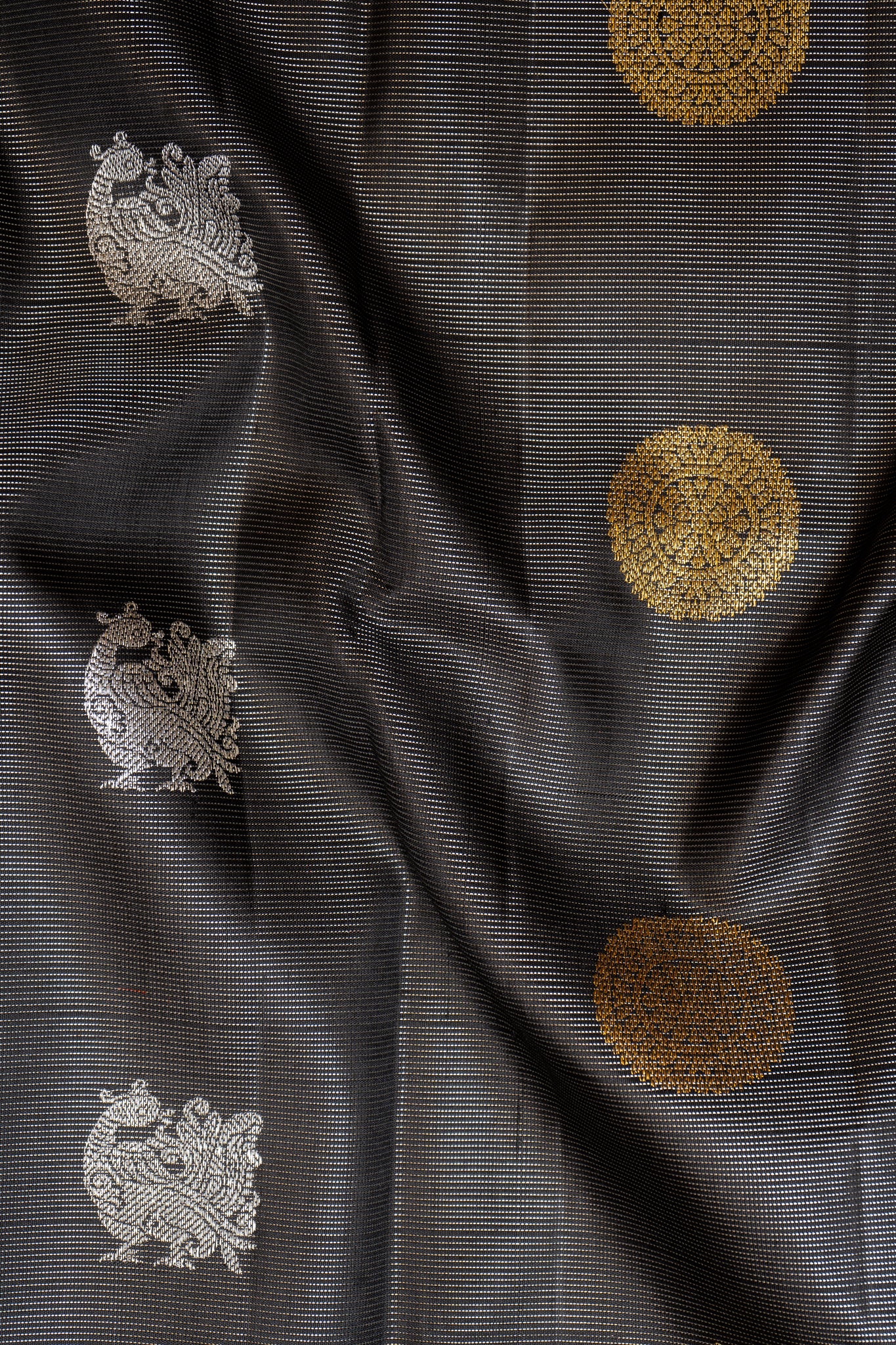 Black and Silver Zari Stripes Pure Kanchipuram Silk Saree - Clio Silks