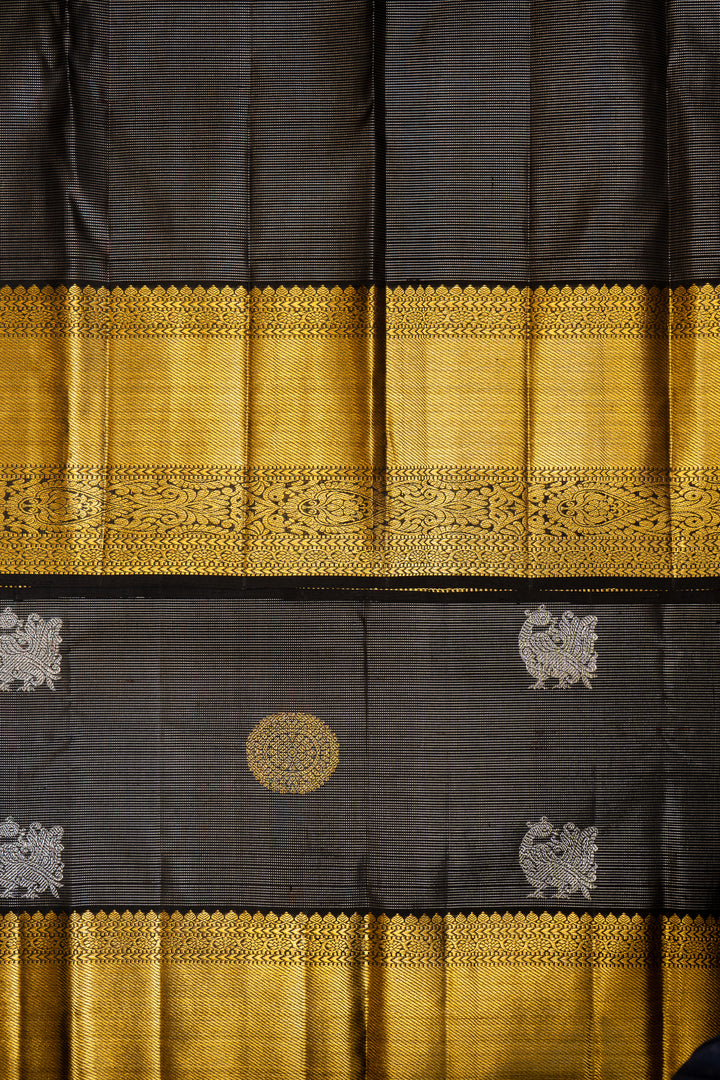 Black and Silver Zari Stripes Pure Kanchipuram Silk Saree - Clio Silks