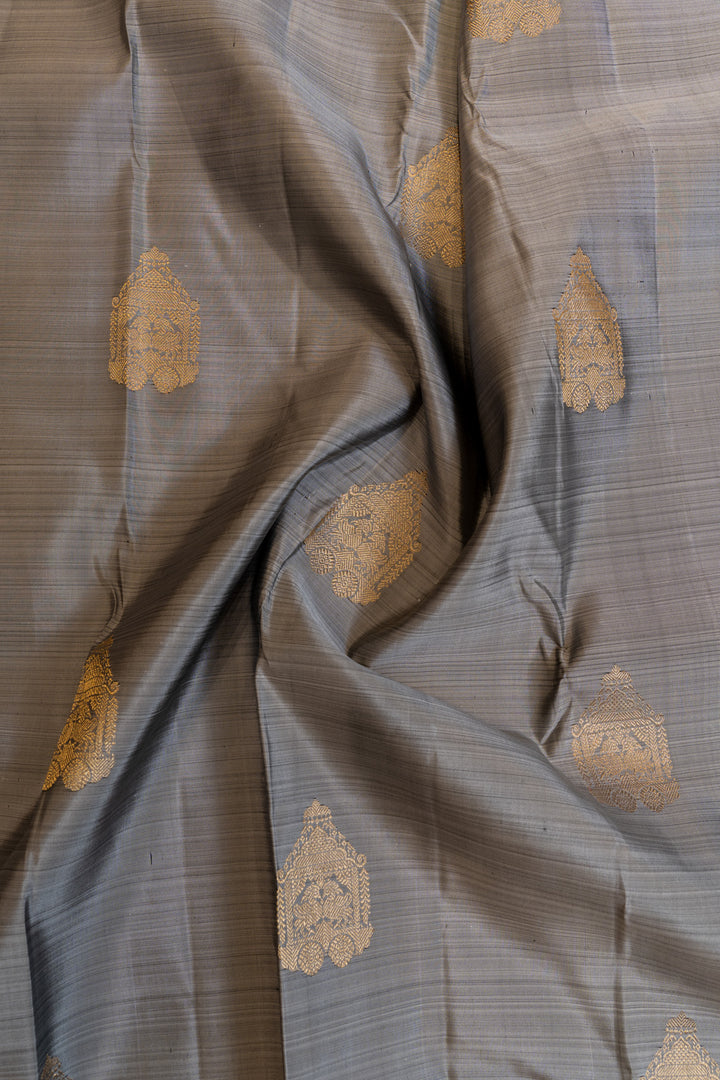 Grey and rust rettai pettu pure Kanchipuram silk saree