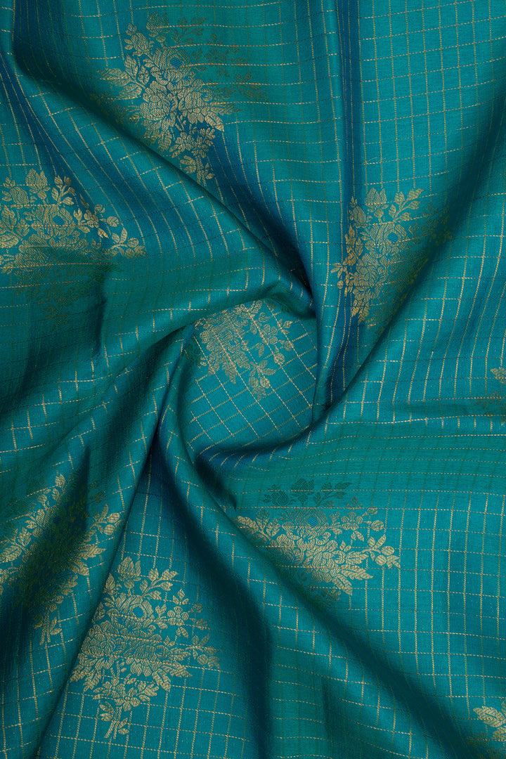 Peacock Blue and Ivory Zari Checks Pure Kanchipuram Silk Saree