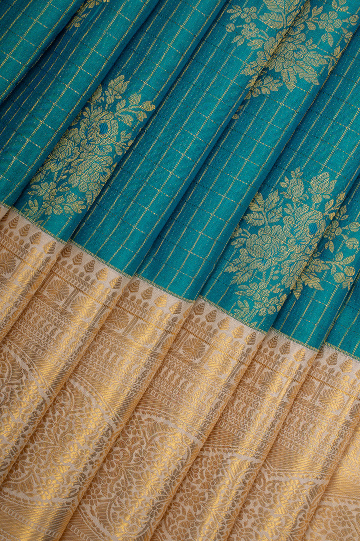 Peacock Blue and Ivory Zari Checks Pure Kanchipuram Silk Saree