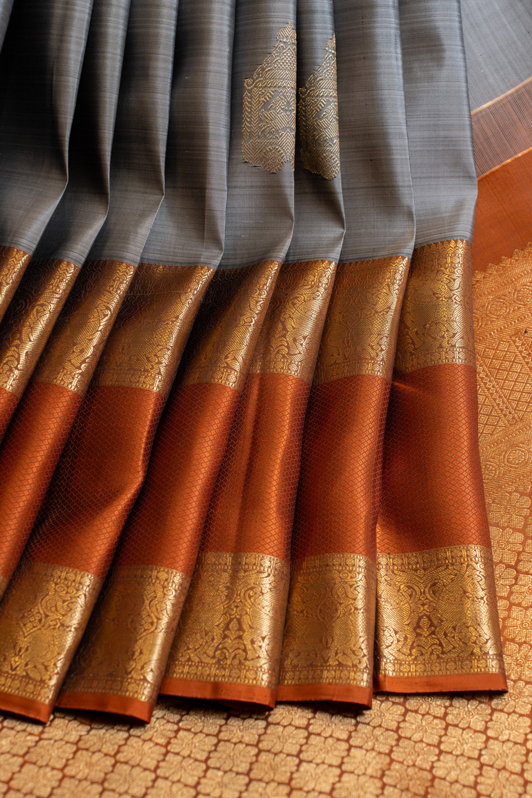 Grey and rust rettai pettu pure Kanchipuram silk saree