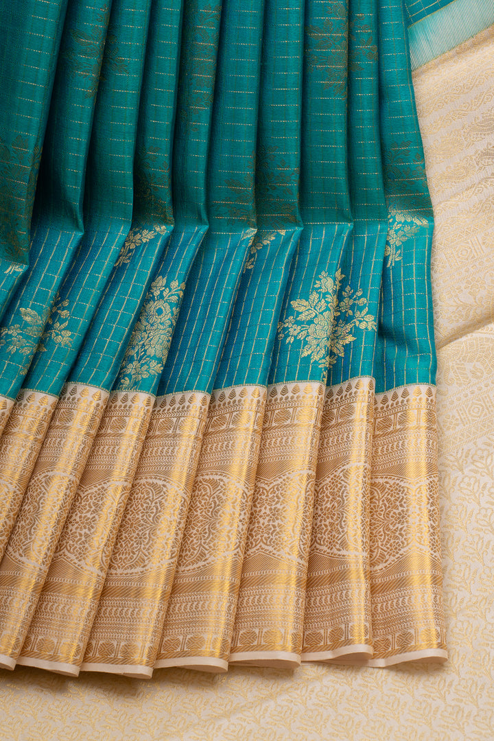 Peacock Blue and Ivory Zari Checks Pure Kanchipuram Silk Saree