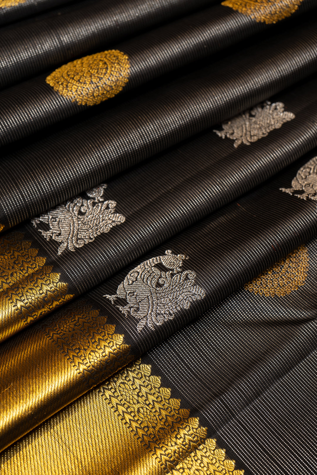 Black and Silver Zari Stripes Pure Kanchipuram Silk Saree - Clio Silks
