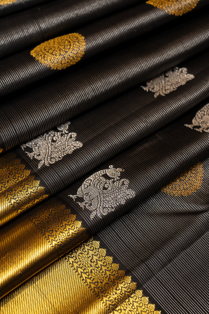 Black and Silver Zari Stripes Pure Kanchipuram Silk Saree - Clio Silks