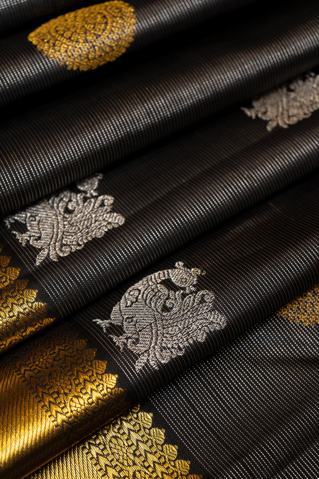 Black and Silver Zari Stripes Pure Kanchipuram Silk Saree - Clio Silks
