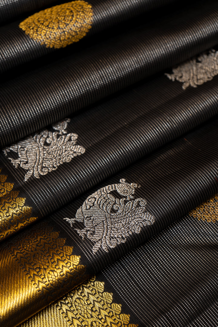 Black and Silver Zari Stripes Pure Kanchipuram Silk Saree - Clio Silks