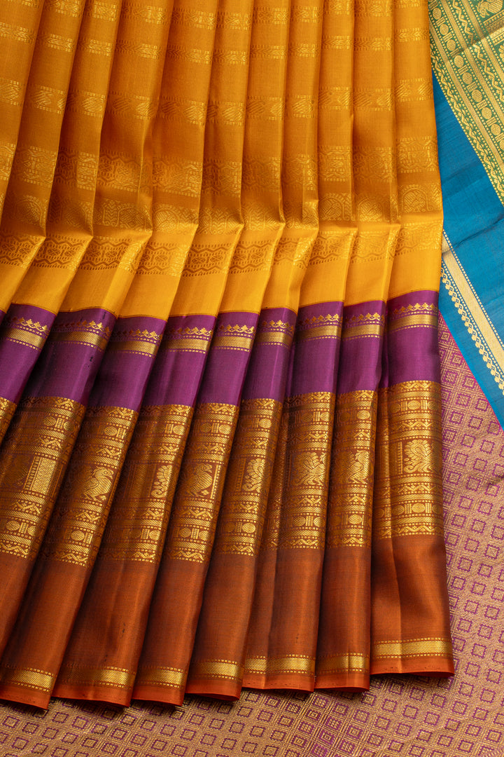 Mustard Stripes Ganga Jamuna Pure Kanchipuram Silk Saree