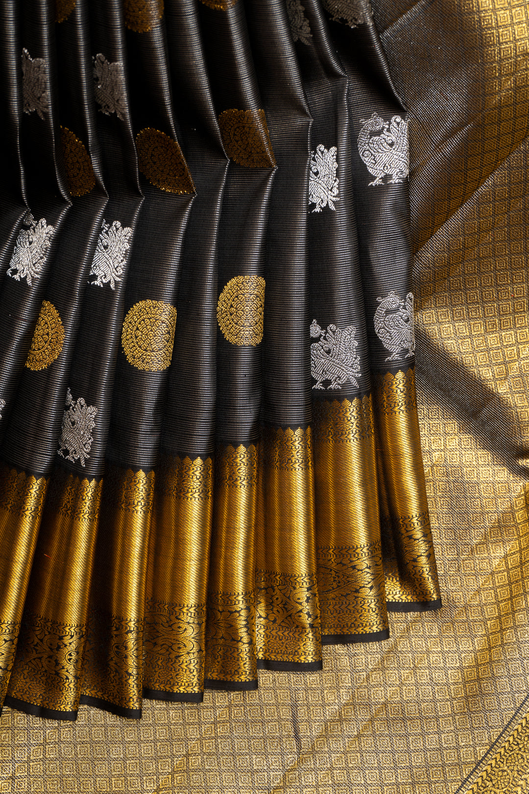 Black and Silver Zari Stripes Pure Kanchipuram Silk Saree - Clio Silks