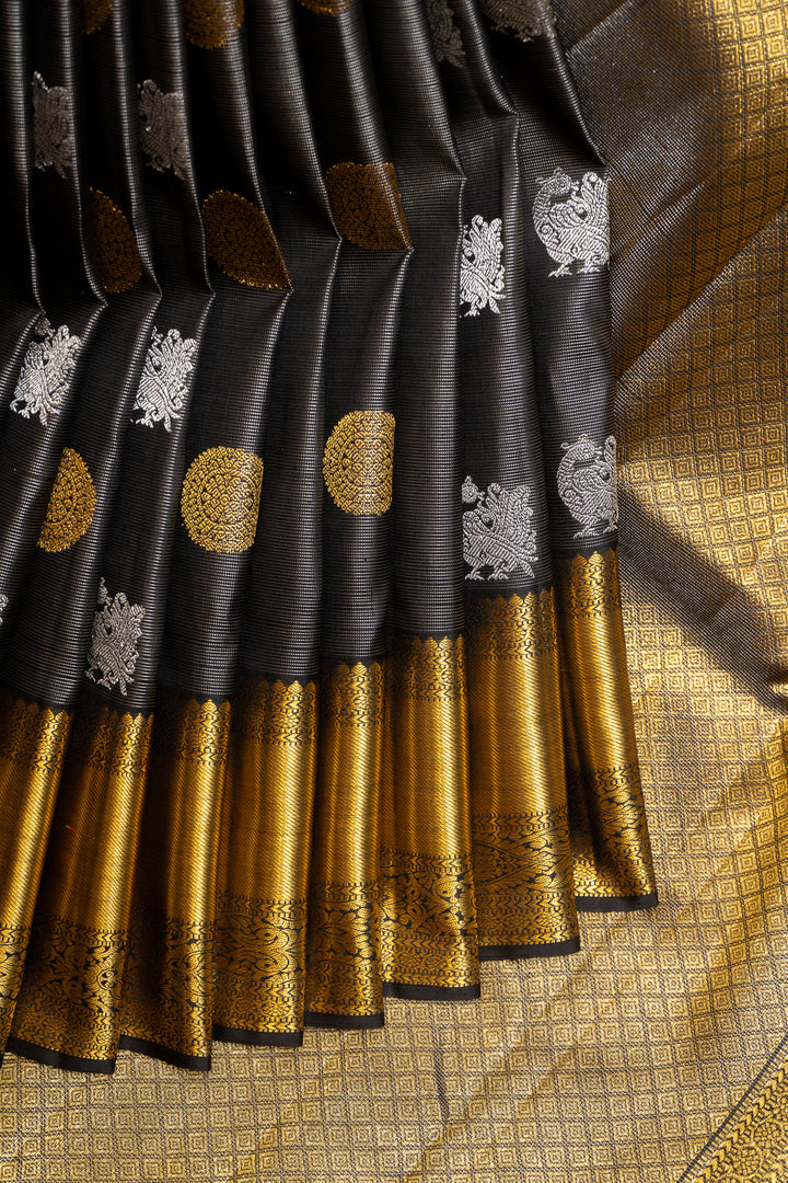 Black and Silver Zari Stripes Pure Kanchipuram Silk Saree - Clio Silks