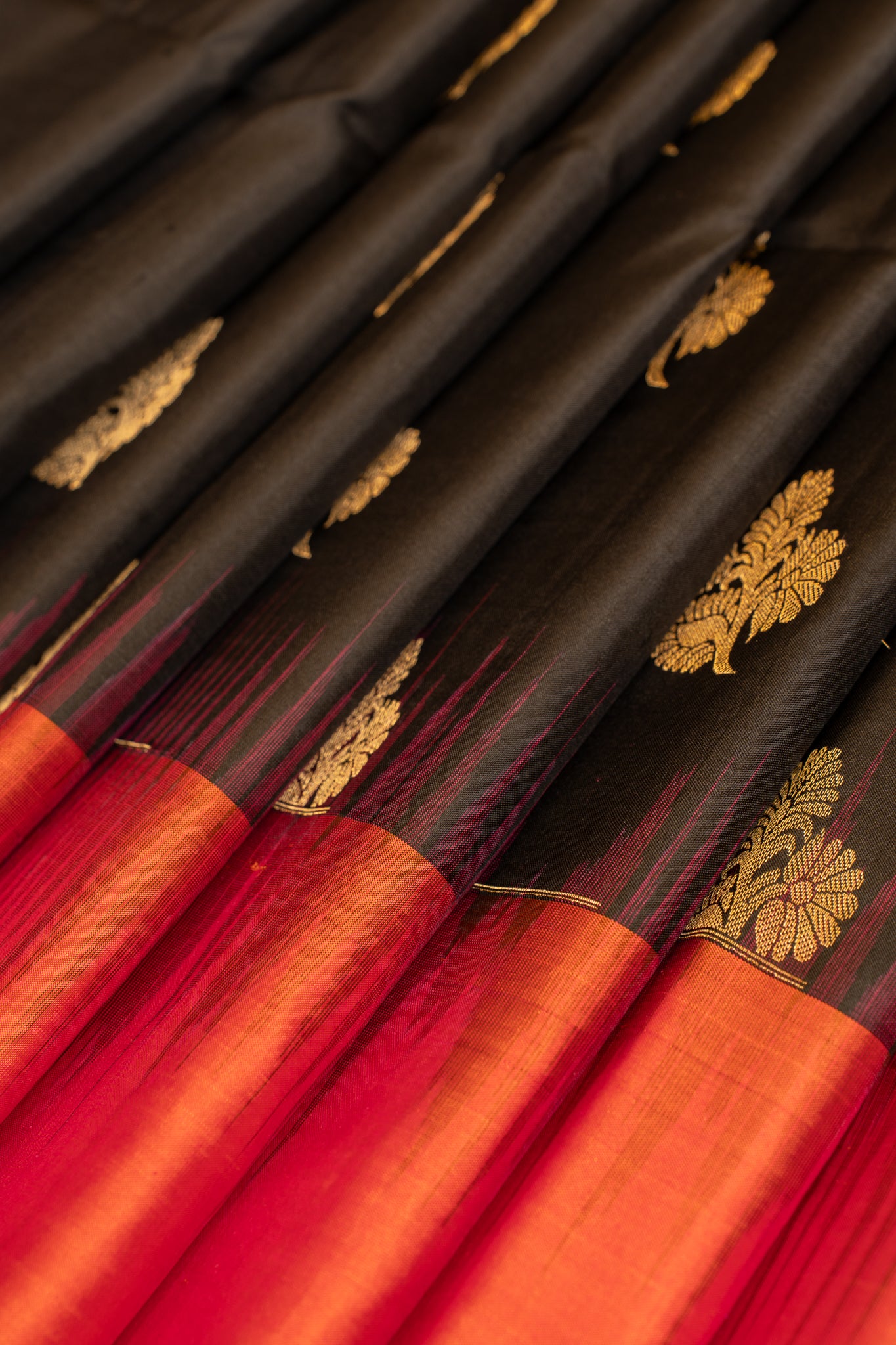 Black and peach orange pure soft silk saree