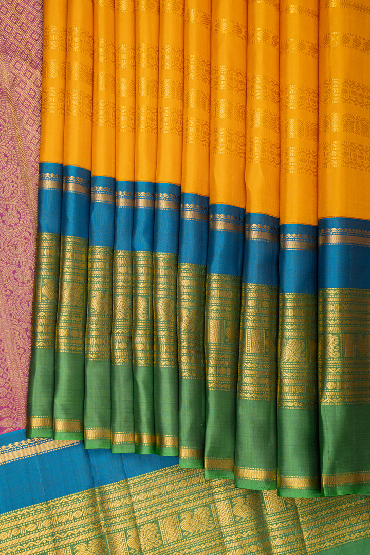 Mustard Stripes Ganga Jamuna Pure Kanchipuram Silk Saree