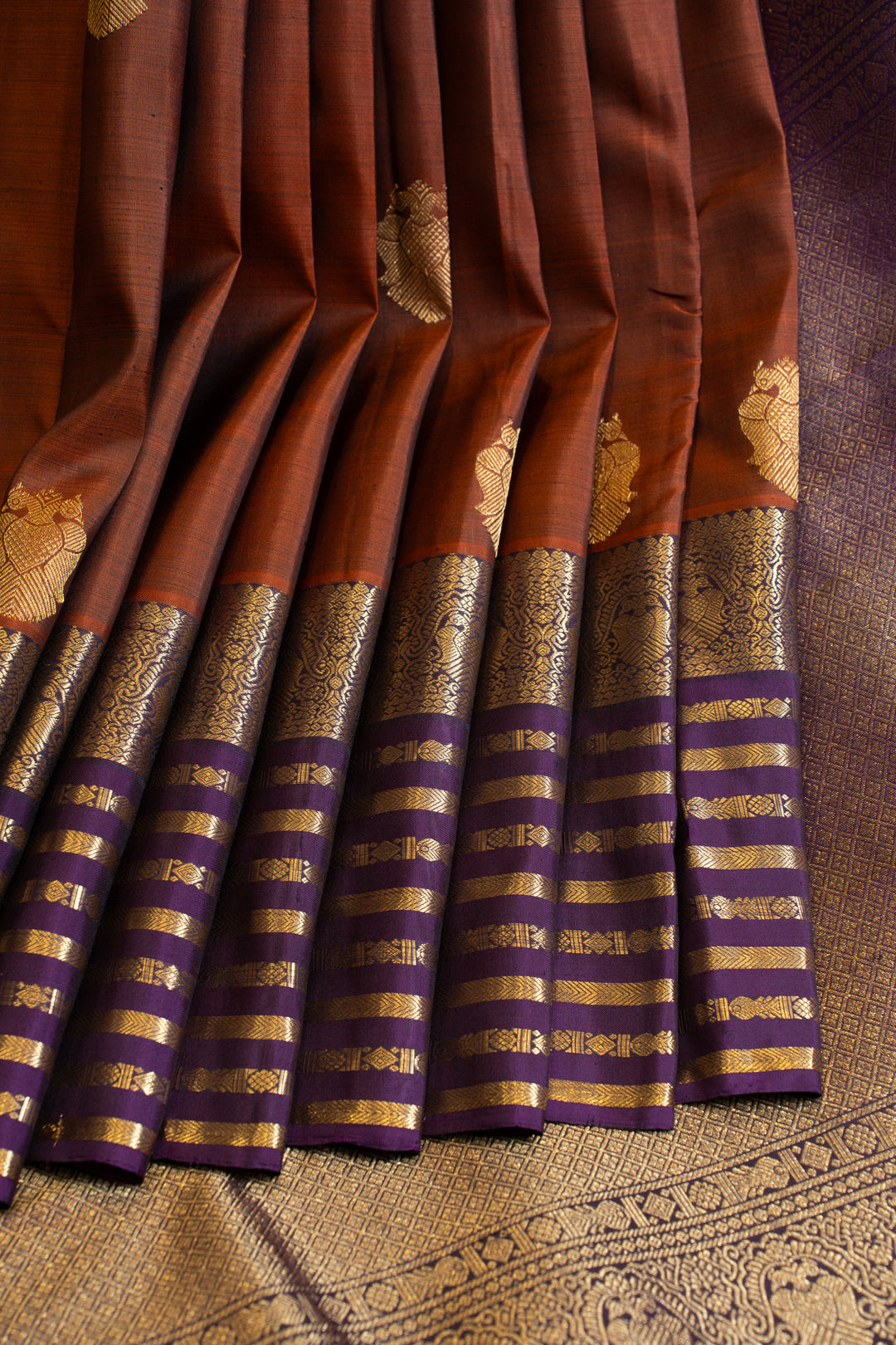 Rust maroon iruthalaipakshi pure Kanchipuram silk saree