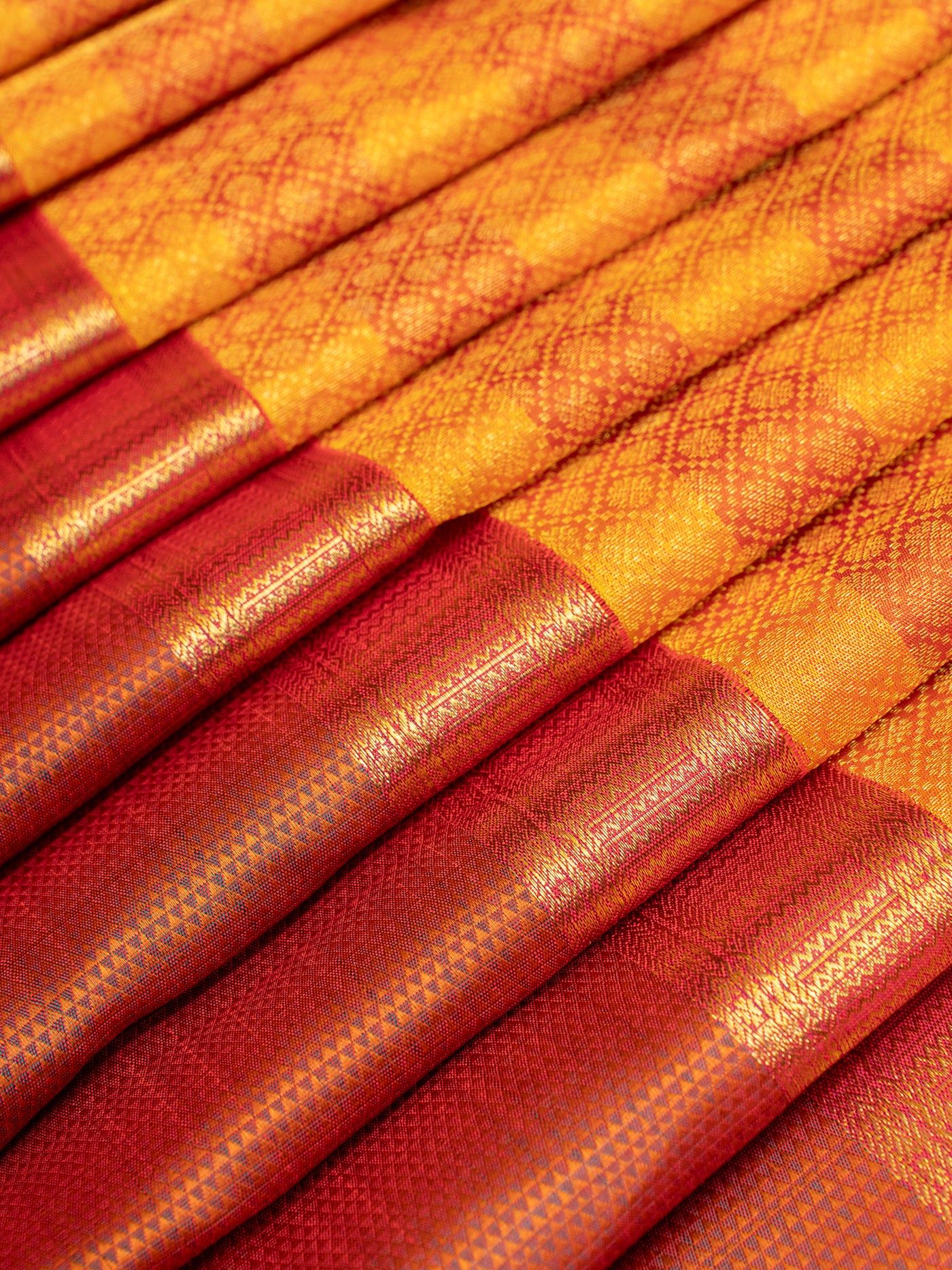 Mustard and Rust Orange Brocade Stripes Rettai Pettu Pure Kanchipuram Silk Saree