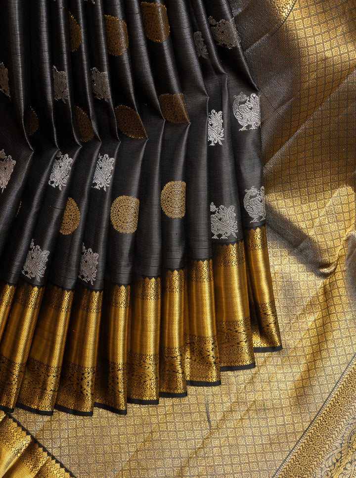 Black and Silver Zari Stripes Pure Kanchipuram Silk Saree - Clio Silks