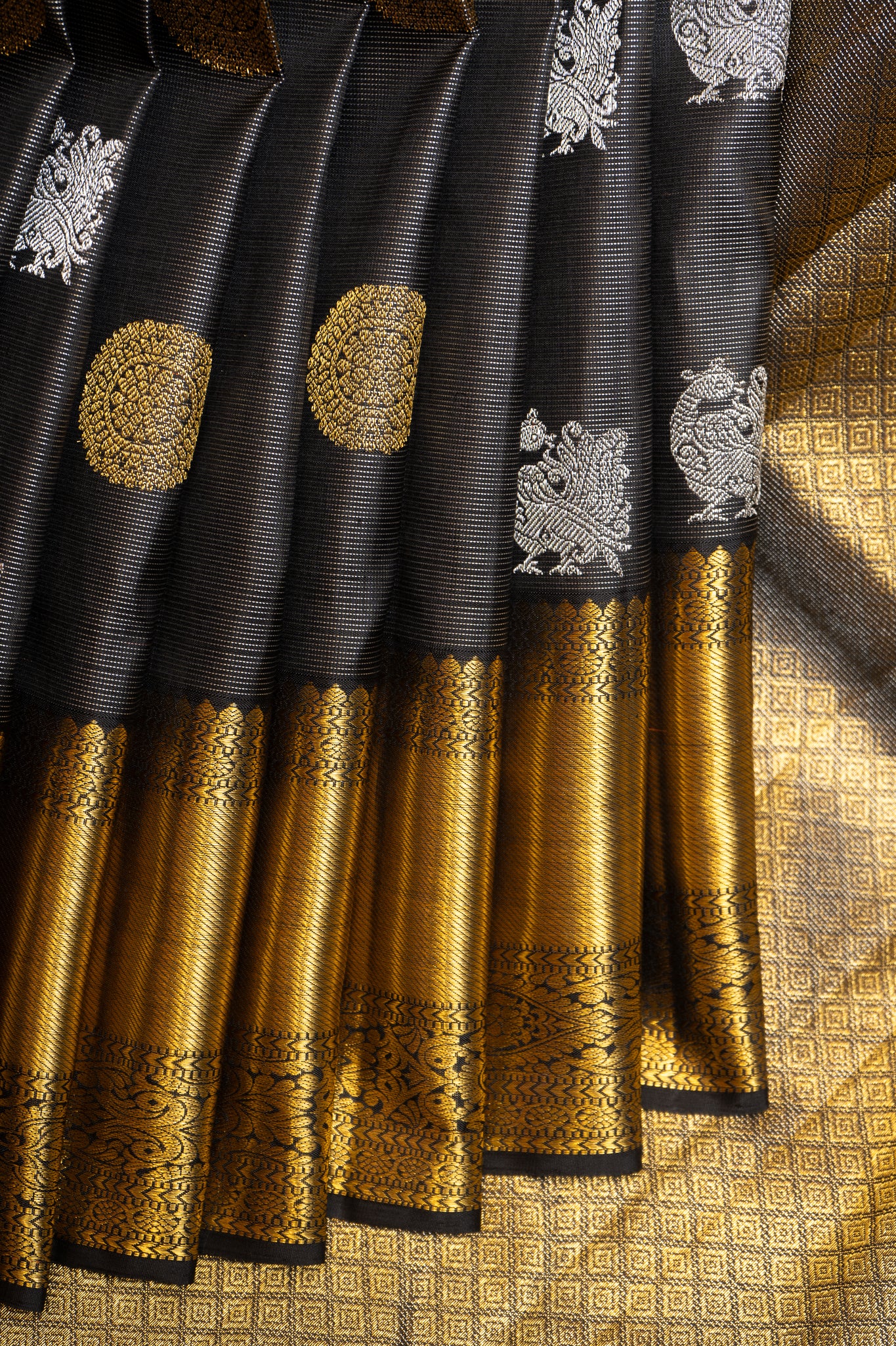 Black and Silver Zari Stripes Pure Kanchipuram Silk Saree - Clio Silks