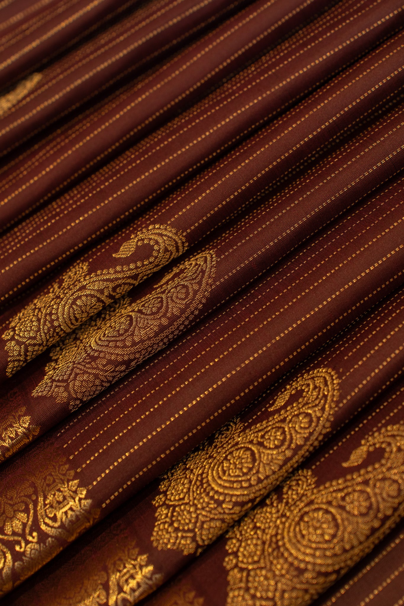 Maroon Muthu zari stripes paisley pure Kanchipuram Silk saree