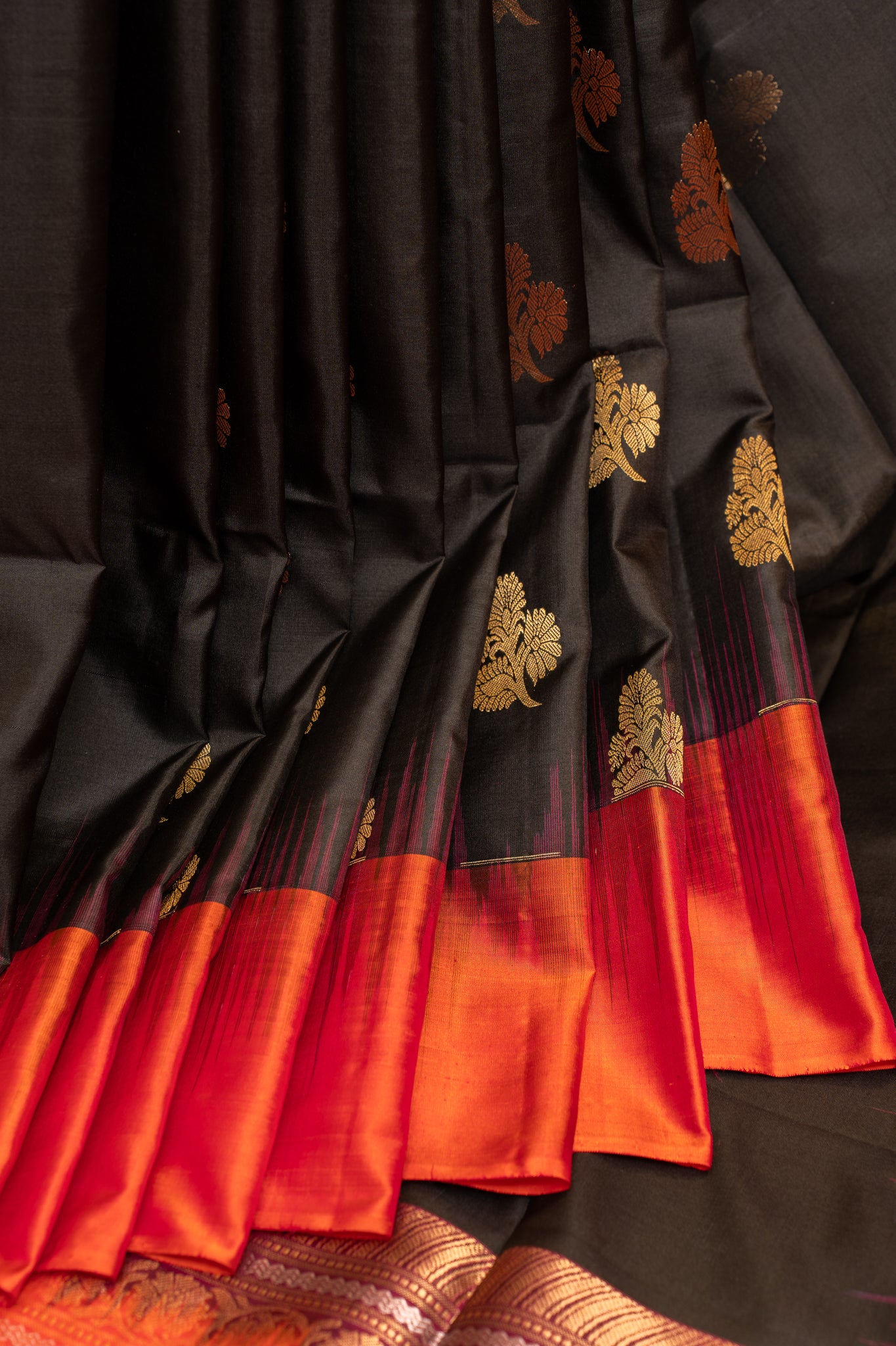 Black and peach orange pure soft silk saree