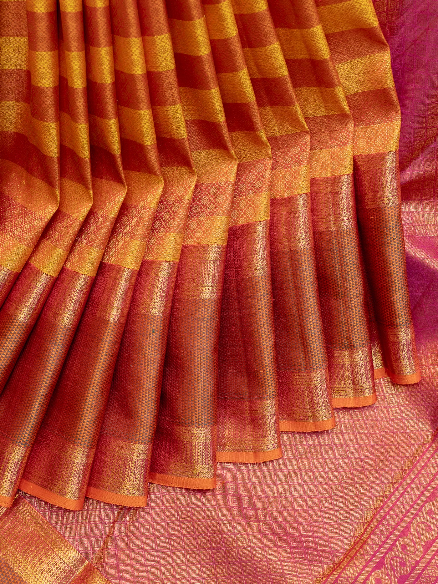 Mustard and Rust Orange Brocade Stripes Rettai Pettu Pure Kanchipuram Silk Saree