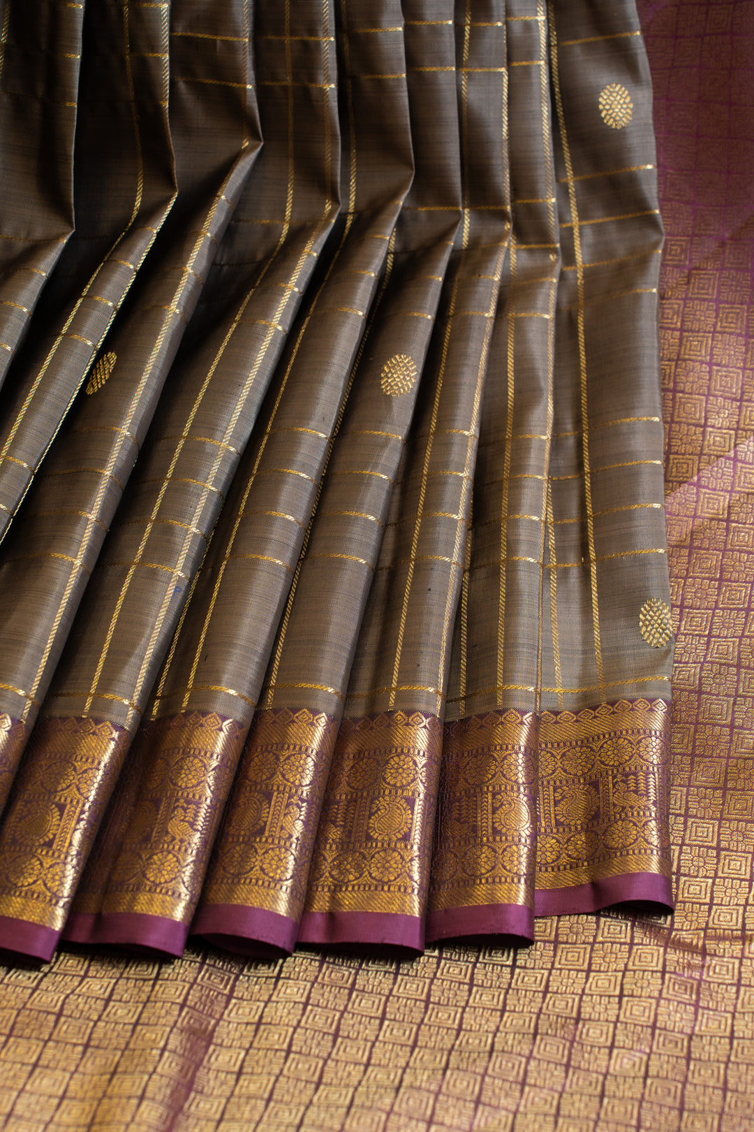 Grey zari checks pure Kanchipuram silk saree