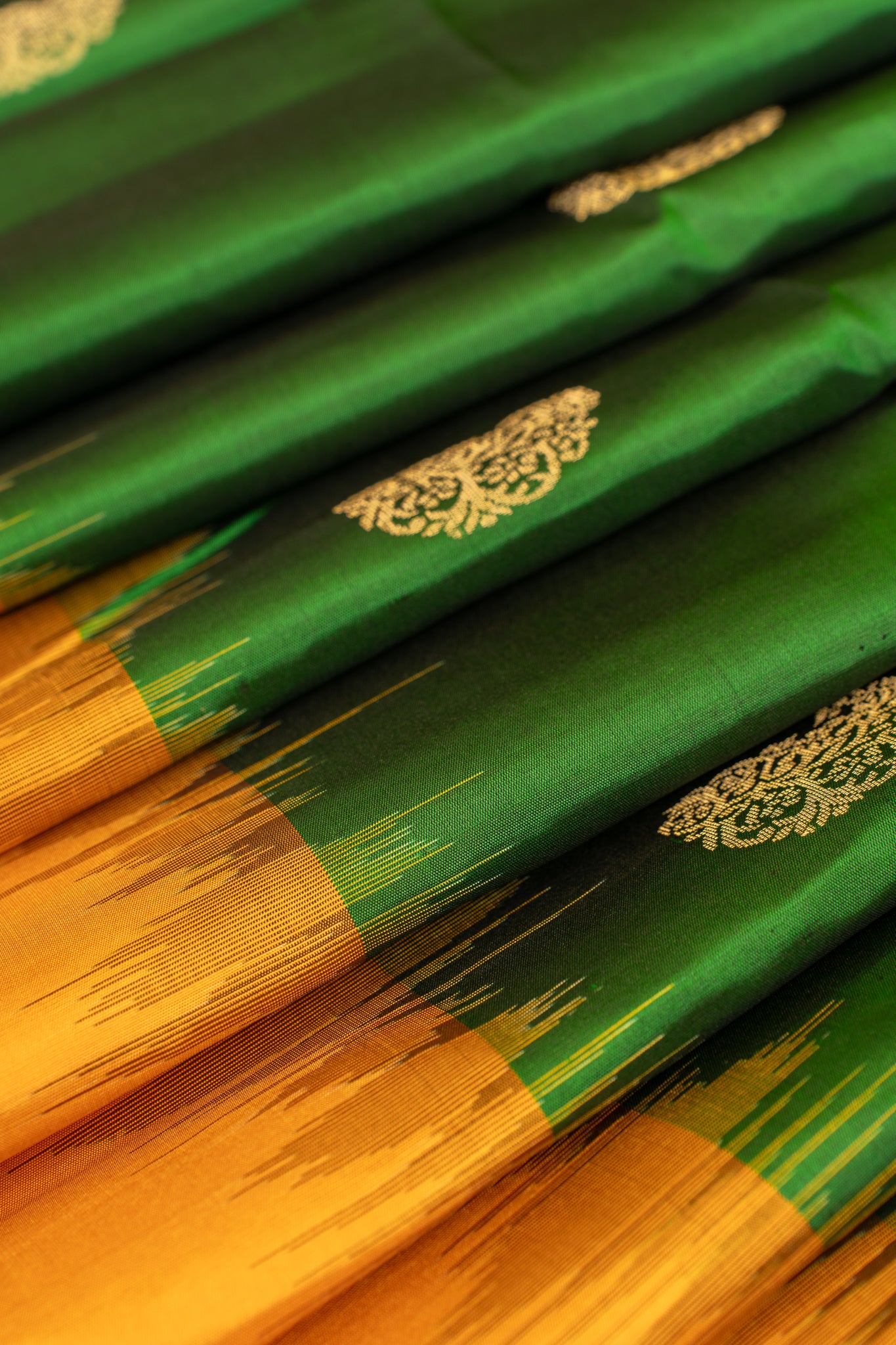 Emerald green and mustard pure soft silk saree