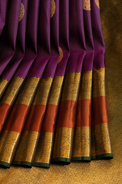 Purple and rust orange rettai pettu pure Kanchipuram Silk saree