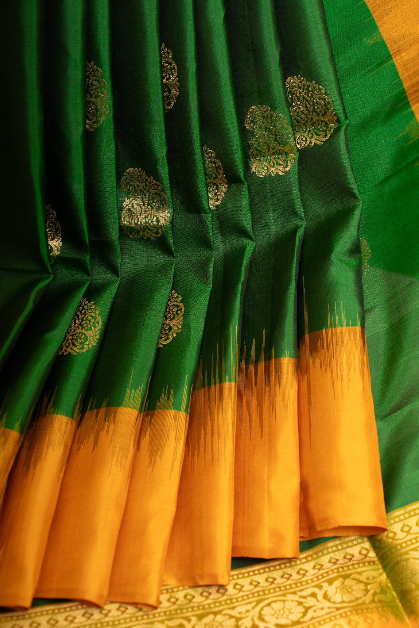 Emerald green and mustard pure soft silk saree