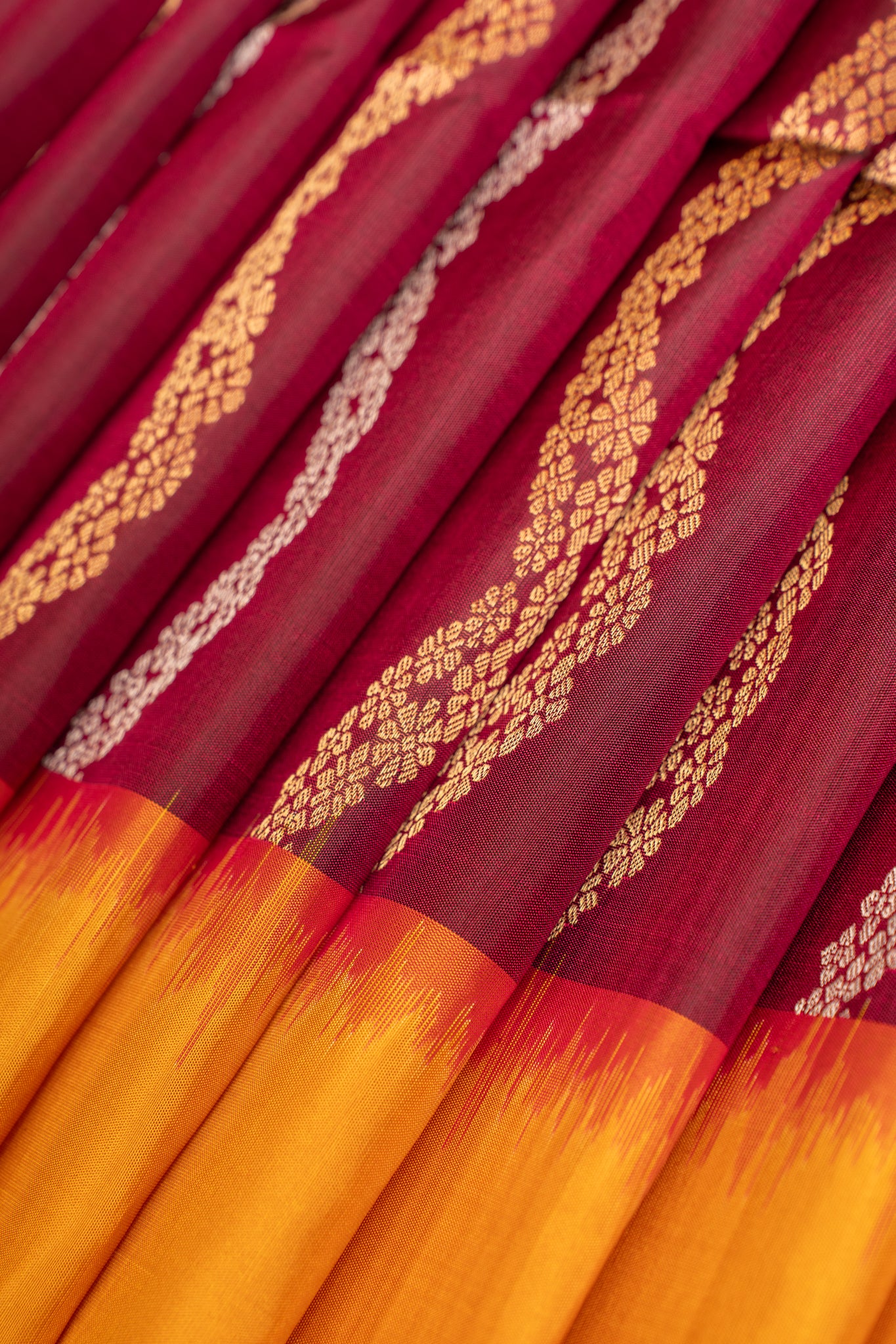 Jamun and mustard serpentine stripes pure soft silk saree