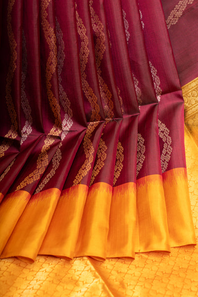 Jamun and mustard serpentine stripes pure soft silk saree