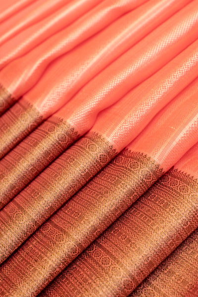 Coral pink thread stripes pure Kanchipuram silk saree