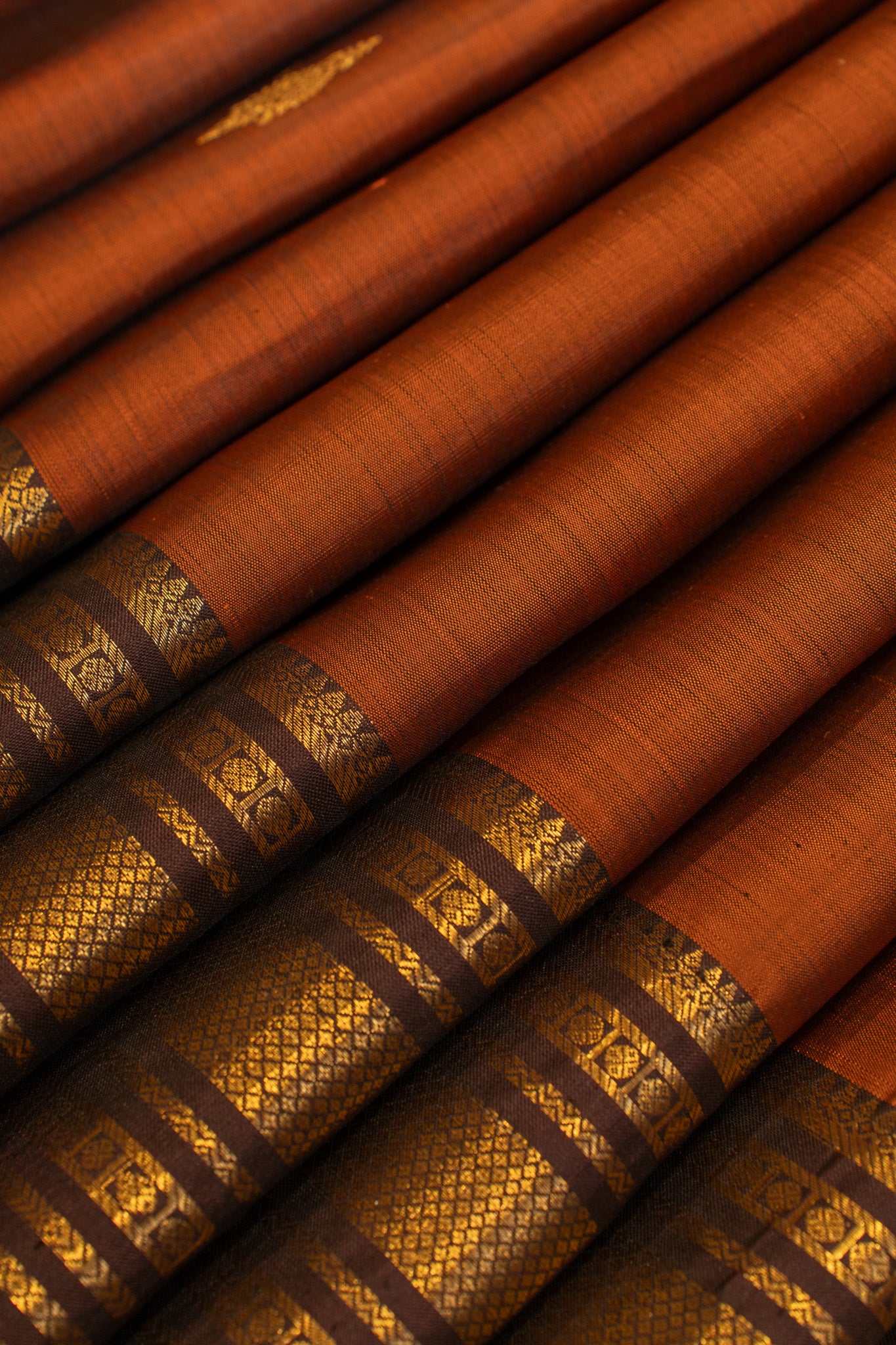 Rust orange and brown Varisaipettu pure Kanchipuram silk saree