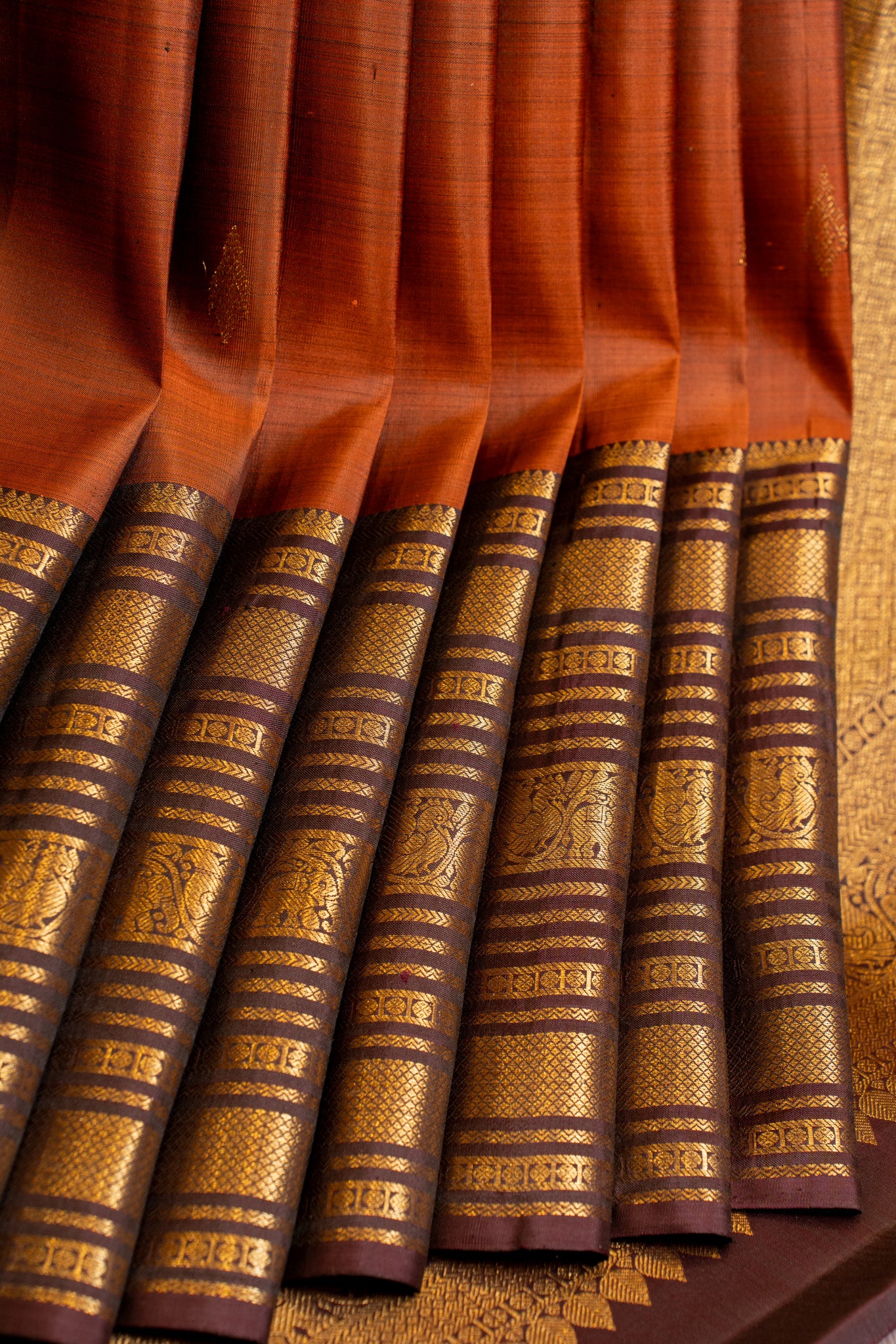 Rust orange and brown Varisaipettu pure Kanchipuram silk saree