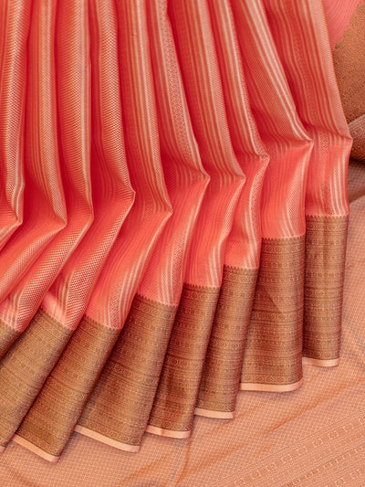 Coral pink thread stripes pure Kanchipuram silk saree