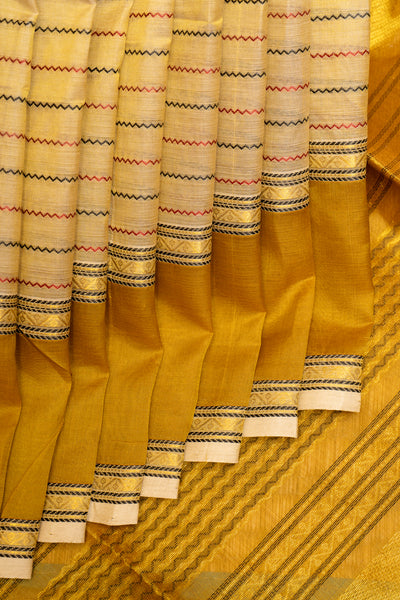 Cream and Mustard Handwoven Pure Silk Cotton Saree - Clio Silks