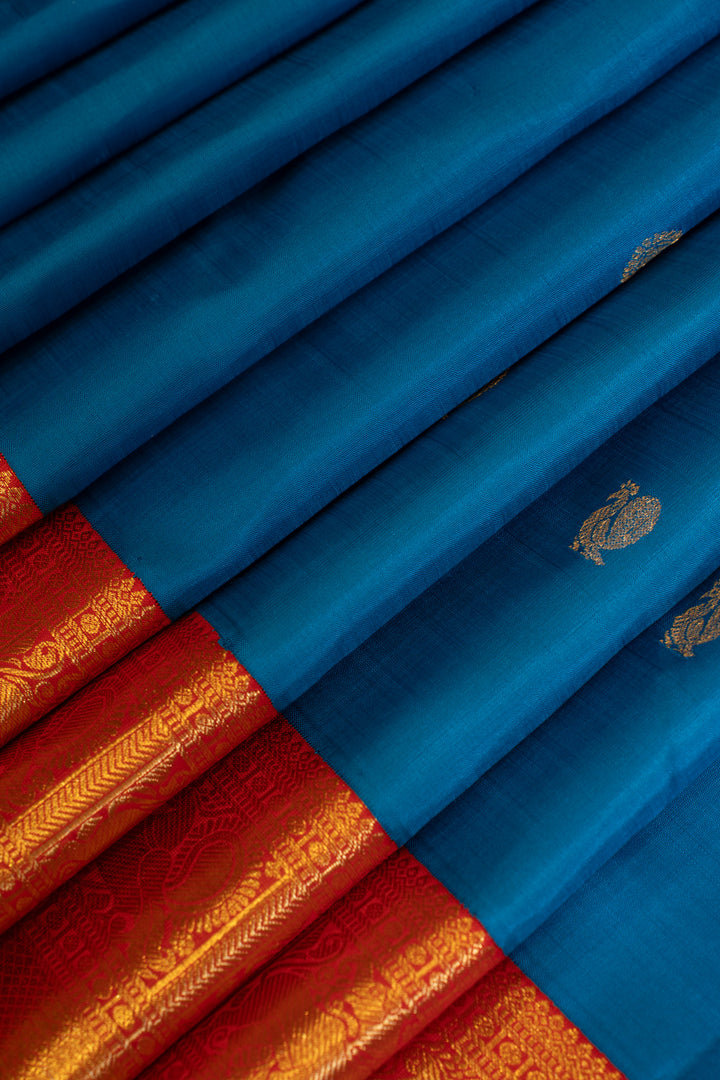 MS blue and red traditional Kanchipuram silk saree
