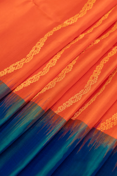 Orange and peacock blue Serpentine stripes pure soft silk saree