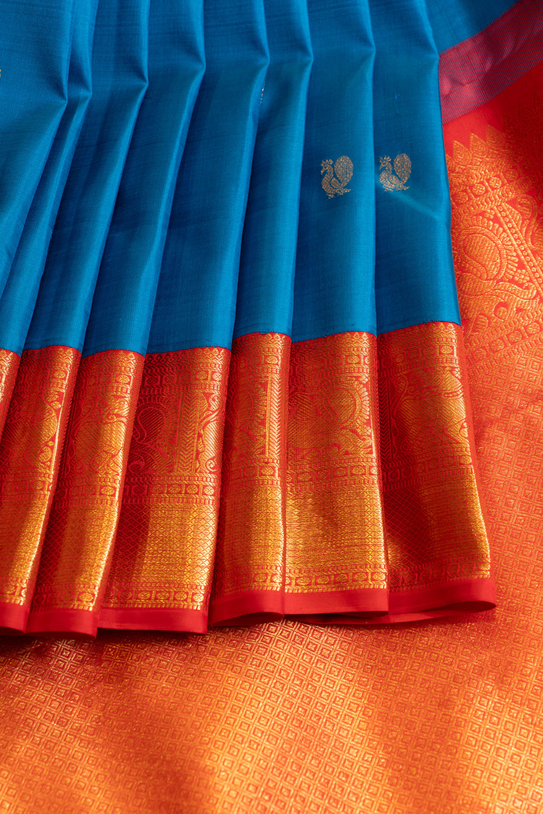 MS blue and red traditional Kanchipuram silk saree