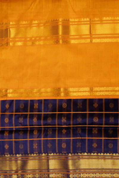 Ink Blue and Mustard Handloom Pure Silk Cotton Saree - Clio Silks