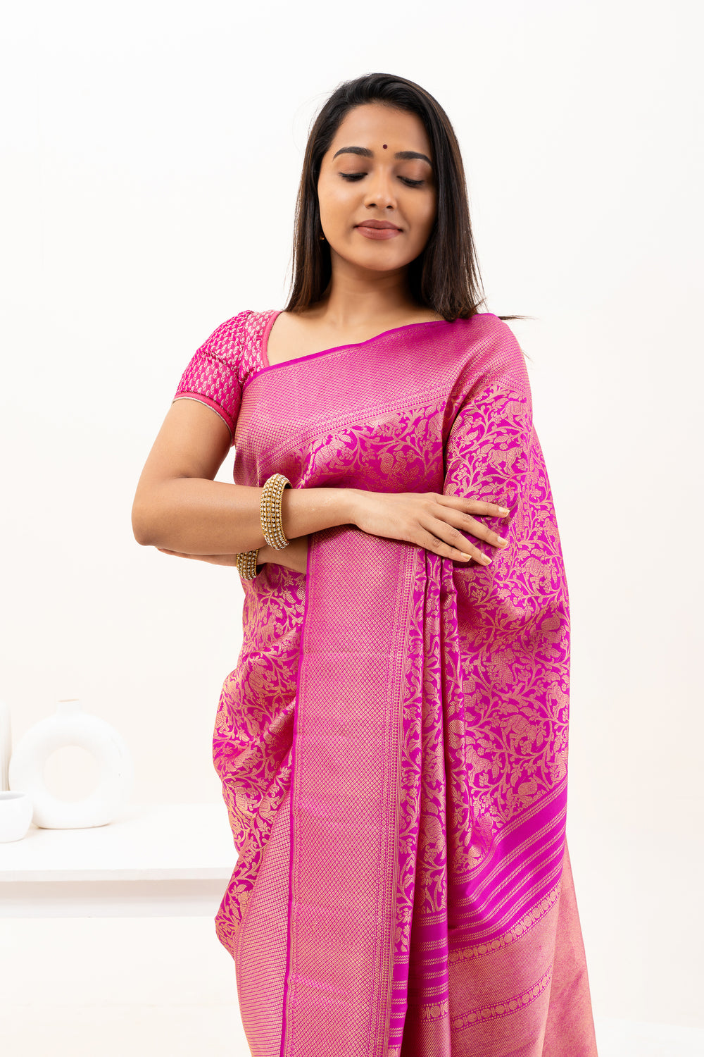 Magenta Pink Vanasingaram Brocade Pure Kanchipuram Silk Saree - Clio Silks