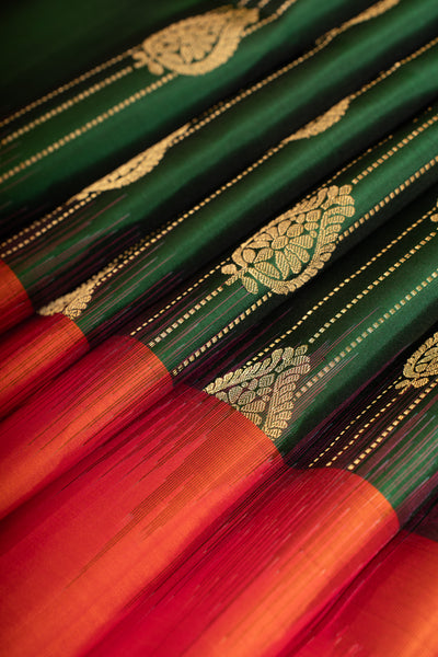 Bottle green ornamental stripes pure soft silk saree