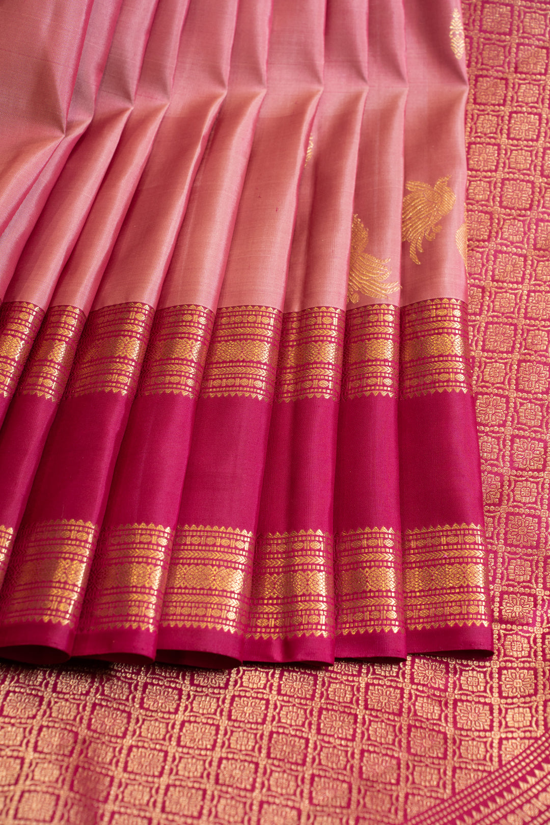 Lotus pink rettai pettu pure Kanchipuram silk saree