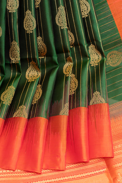 Bottle green ornamental stripes pure soft silk saree