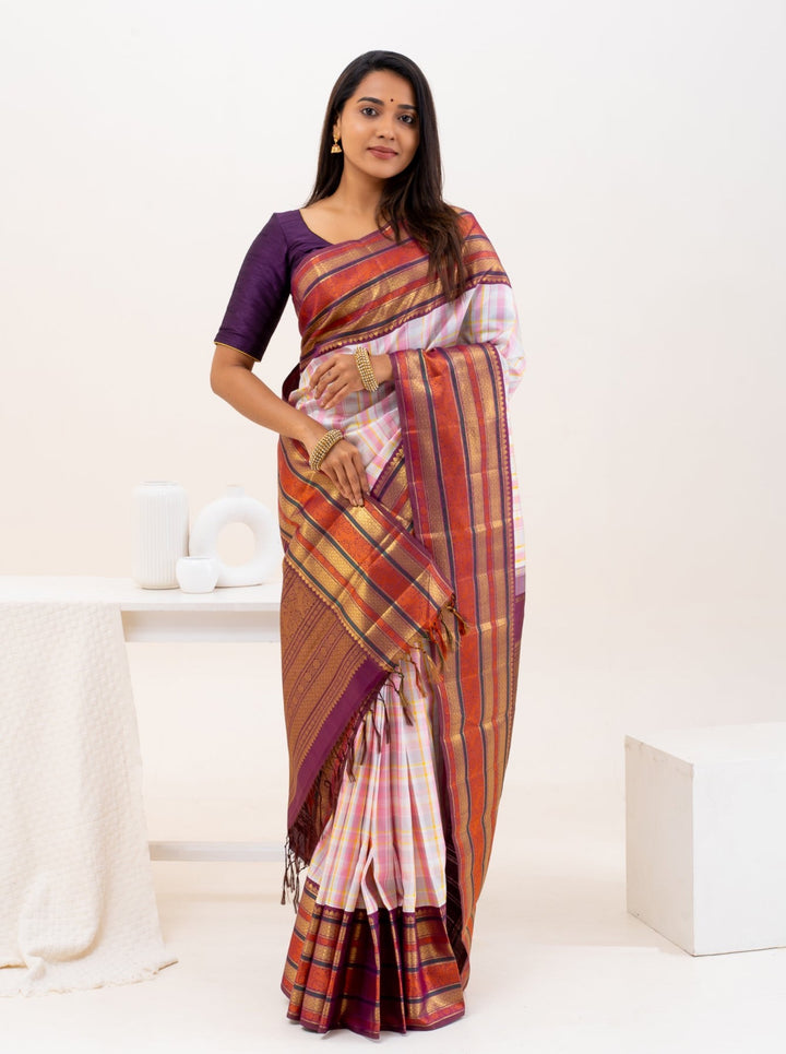 Pastel Checks Varisaipettu Pure Zari Kanchipuram Silk Saree - Clio Silks