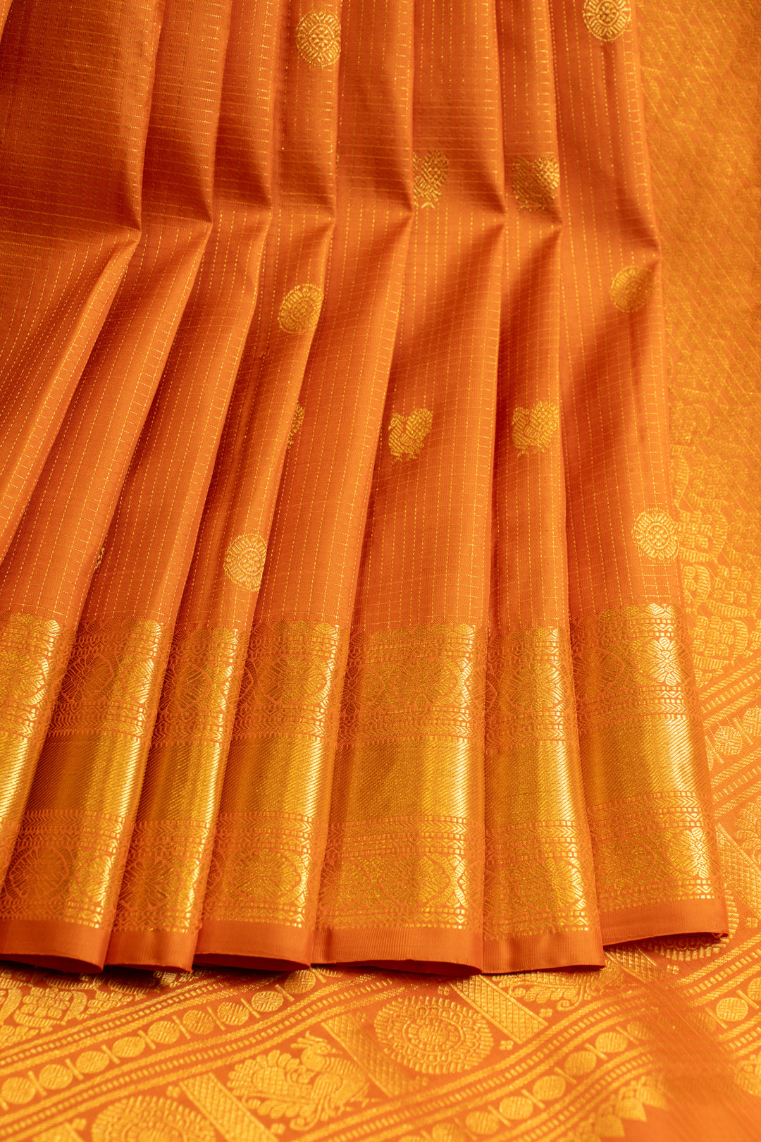 Orange vairaoosi checks and motifs pure Kanchipuram silk saree