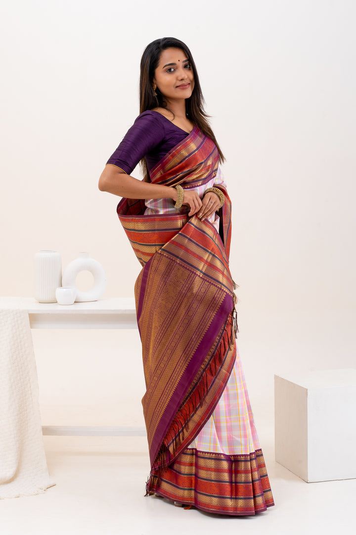 Pastel Checks Varisaipettu Pure Zari Kanchipuram Silk Saree - Clio Silks