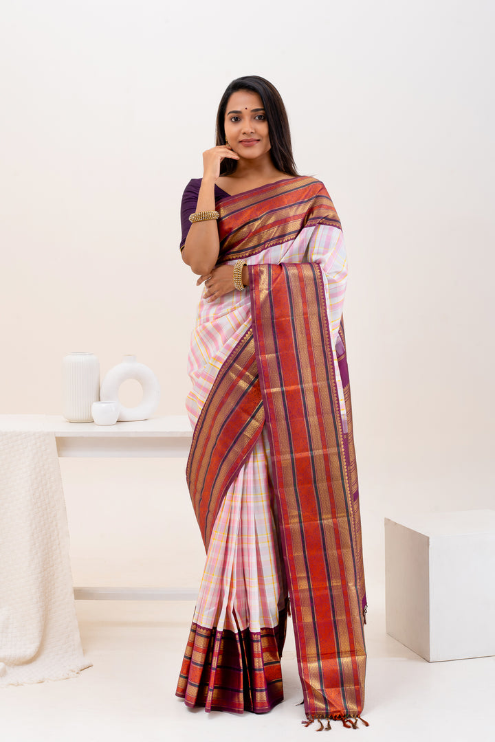 Pastel Checks Varisaipettu Pure Zari Kanchipuram Silk Saree - Clio Silks