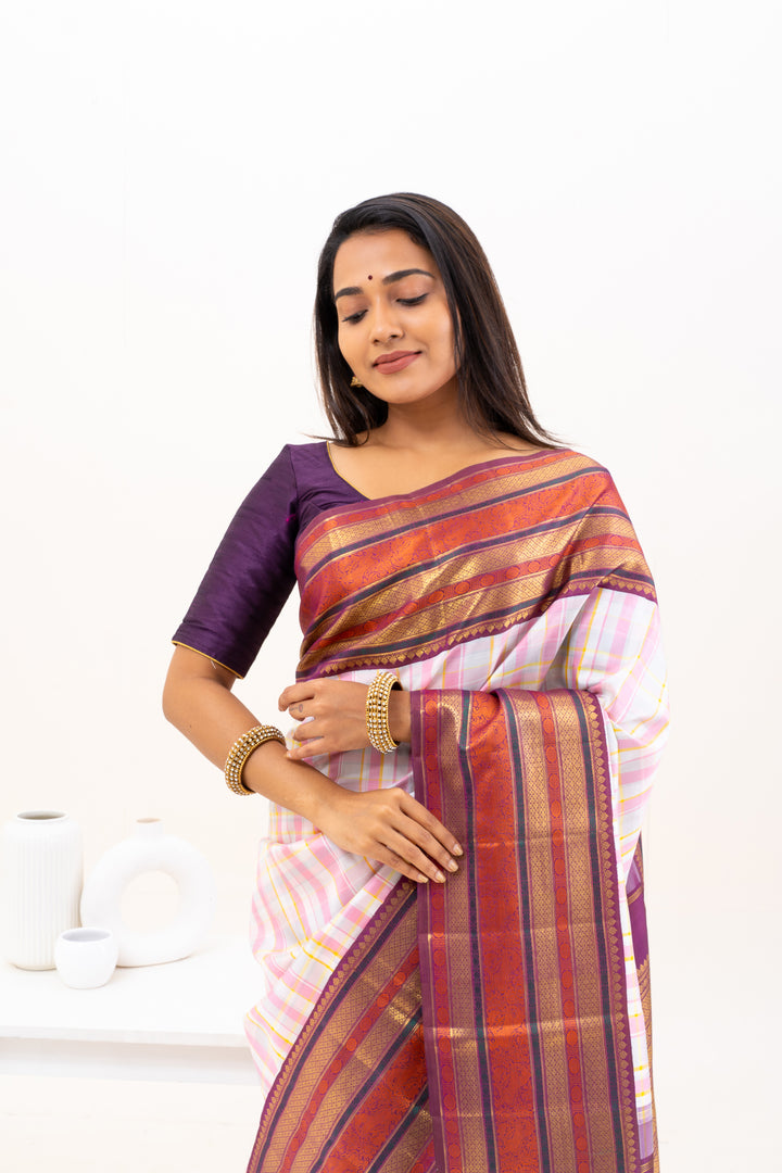 Pastel Checks Varisaipettu Pure Zari Kanchipuram Silk Saree - Clio Silks