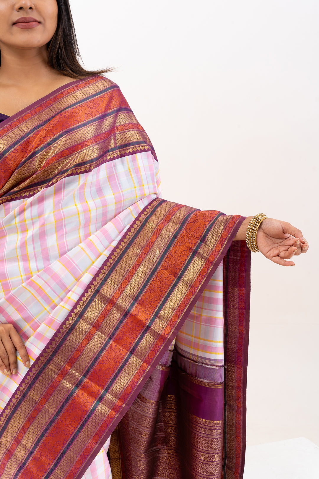 Pastel Checks Varisaipettu Pure Zari Kanchipuram Silk Saree - Clio Silks