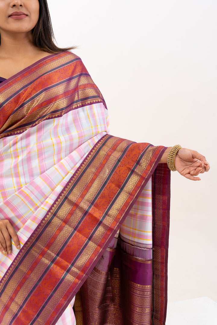 Pastel Checks Varisaipettu Pure Zari Kanchipuram Silk Saree - Clio Silks