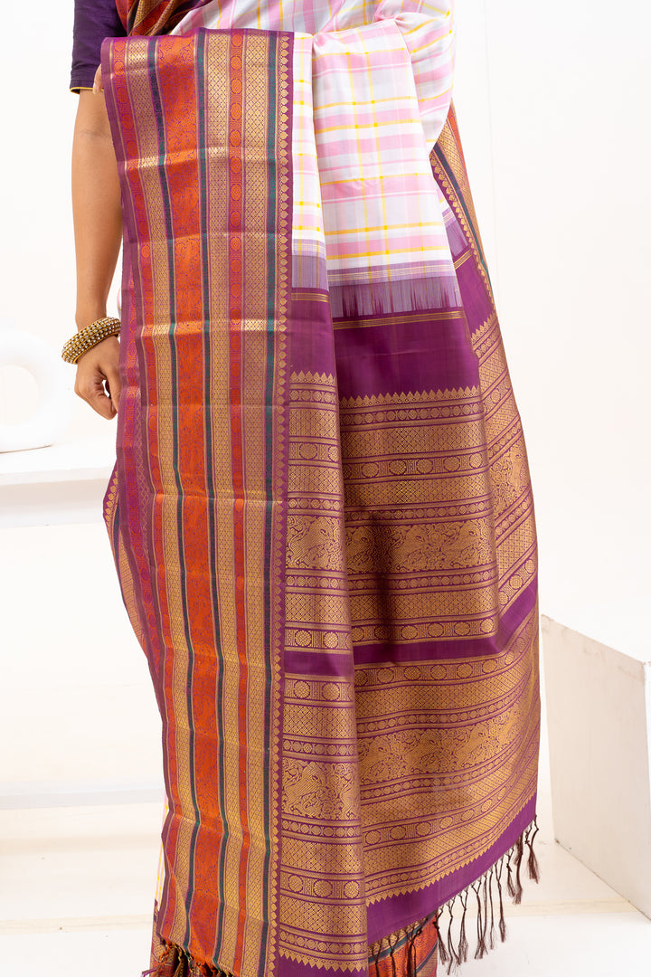Pastel Checks Varisaipettu Pure Zari Kanchipuram Silk Saree - Clio Silks